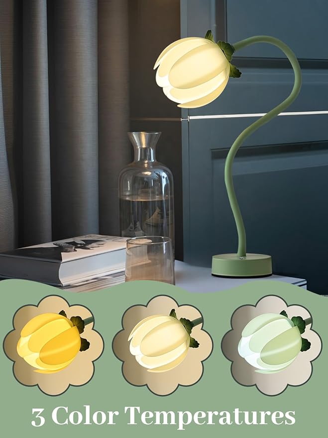 ONXE Tulip Desk Lamp - Rechargeable 3 Color Dimmable Flower Night Light, 360° Bendable Gooseneck, Cordless Metal Table Lamp for Bedroom Decor, Gifts for Women & Teens