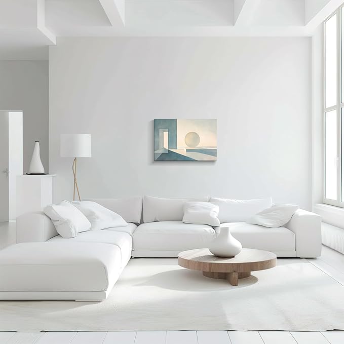 gaosoul Modern Canvas Wall Art Blue White Tranquility Geometric Abstract Oil Painting Minimalism Artwork Prints for Living Room Bedroom Office Decor Framed 24x16in
