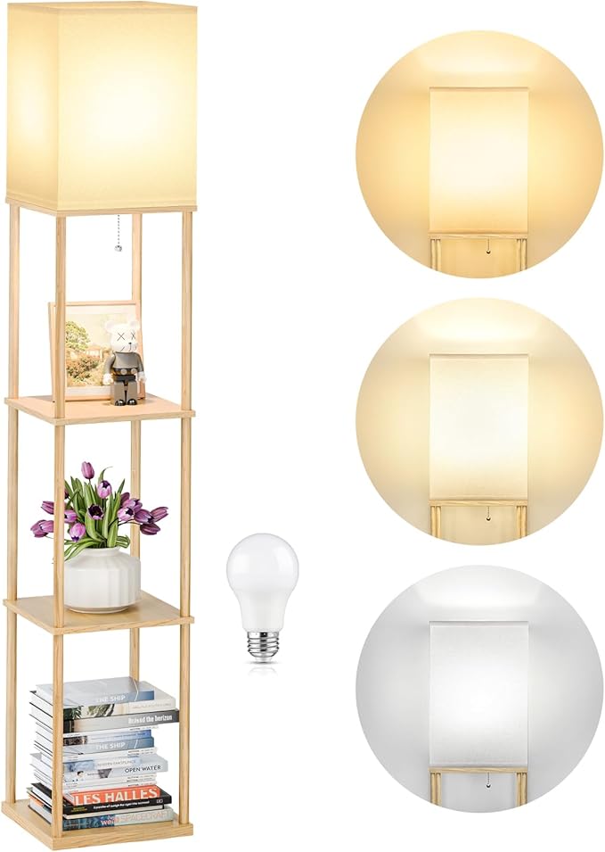 SHINE HAI Floor Lamps with Shelves for Living Room, 3-Tier Square Modern Standing Lamp with 3CCT Bulb, 11W 950LM Brightness, Tall Shelf Lamp for Bedroom, Office, Bookshelf & Display Organizer