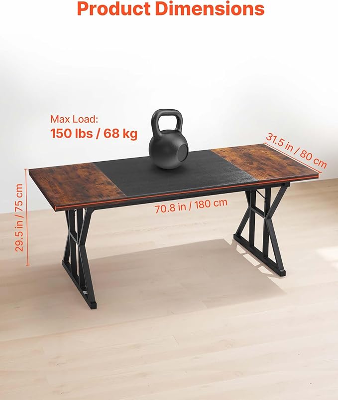 VEVOR Executive Desk 70.9 x 31.5 inch, Large Computer Desk PC Workstation for Home Office, Modern Simple Wood Laptop Study Writing Table Metal Frame Business Furniture, Rustic Brown and Black
