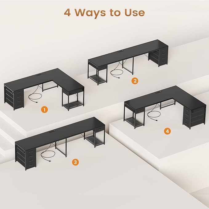 57" L Shaped Desk with 5 Drawers, Reversible Computer Corner Desk with Storage & Power Strip for Home Office, 78.7" Long 2 Person Desk, Black