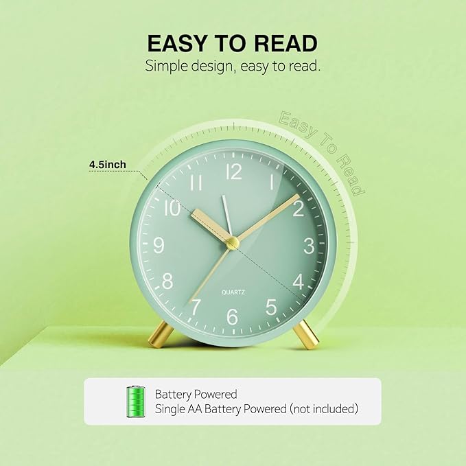 Analog Alarm Clock, Super Silent Non Ticking with Night Light, Battery Operated, Bedroom Clock,Fashionable Round Metal Alarm Clock for Office, Elderly, Adults, Children, School Gift