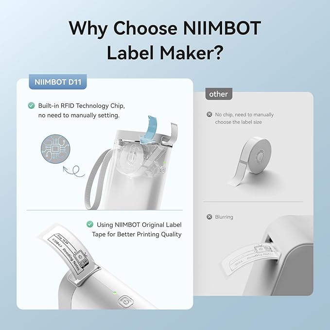 NIIMBOT Label Maker Machine D11 Label Printer Portable Wireless Connection Multiple Templates Available for Phone Easy to Use Office Home Organization USB Rechargeable