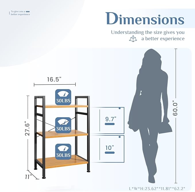 DUMOS 3 Tiers Bookshelf, Classical Book Shelf, Tall Display Shelves in Living Room/Home/Office, Storage Organizer for CDs/Books/Movies, Wood