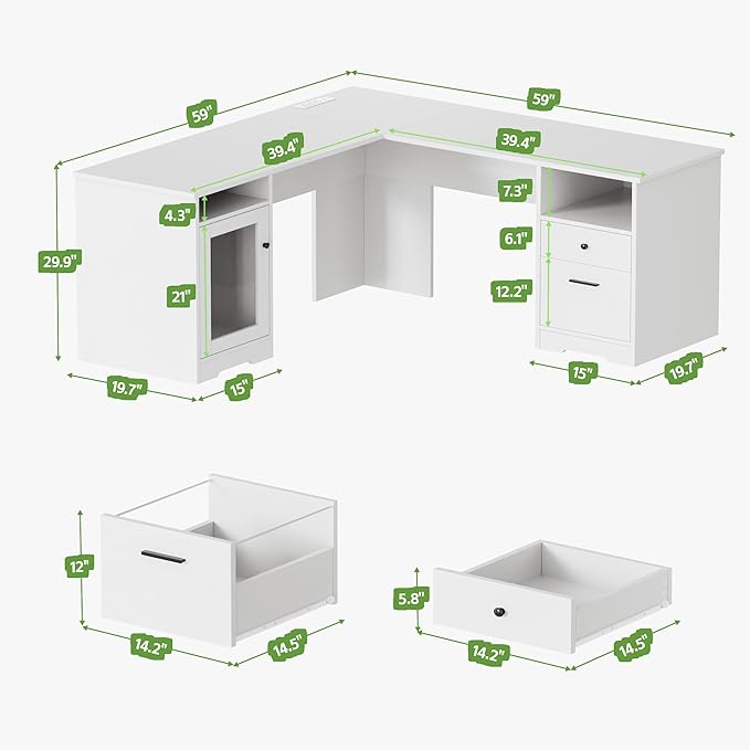 MU L Shaped Desk with File Drawer, 60 Inch Corner Desk with Storage Drawers & Cabinet, Large Home Office Table with Power Outlets, Wood Executive Office Desk, White
