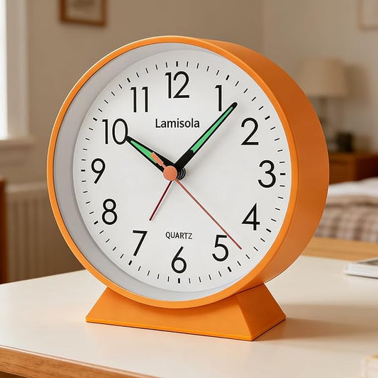 4.5 Inch Small Silent Analog Alarm Clock, Retro Battery Operated Desk Clock with Night Light Stays On 4 Seconds Vintage Metal Table Clock for Bedside, Nightstand, Bedroom, Office, Bathroom - Orange