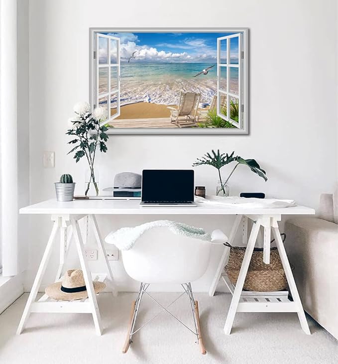 Large Beach Pictures Wall Art Canvas Print Artwork Blue Ocean Seascape Window frame Decor Living Room Bedroom Office 24 x36