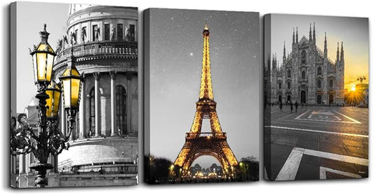 Black and white Architectural landscape Canvas Wall Art for Living Room kitchen Wall Artworks Bedroom Decoration, 3 Piece framed bathroom Home Wall decor posters Yellow Eiffel Tower wall painting