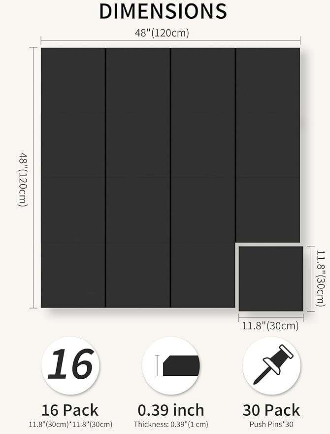 Large Bulletin Board 48"x 48" Cork Boards for Walls, 12 Pack Felt Wall Panels Photo Board, Cork Board for Office Home Pin Board