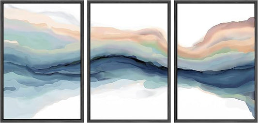 SIGNWIN Framed Canvas Print Wall Art Set Pastel Watercolor Teal Brown Paint Stroke Landscape Abstract Shapes Illustrations Modern Art Decorative for Living Room, Bedroom, Office - 24"x36"x3 Black