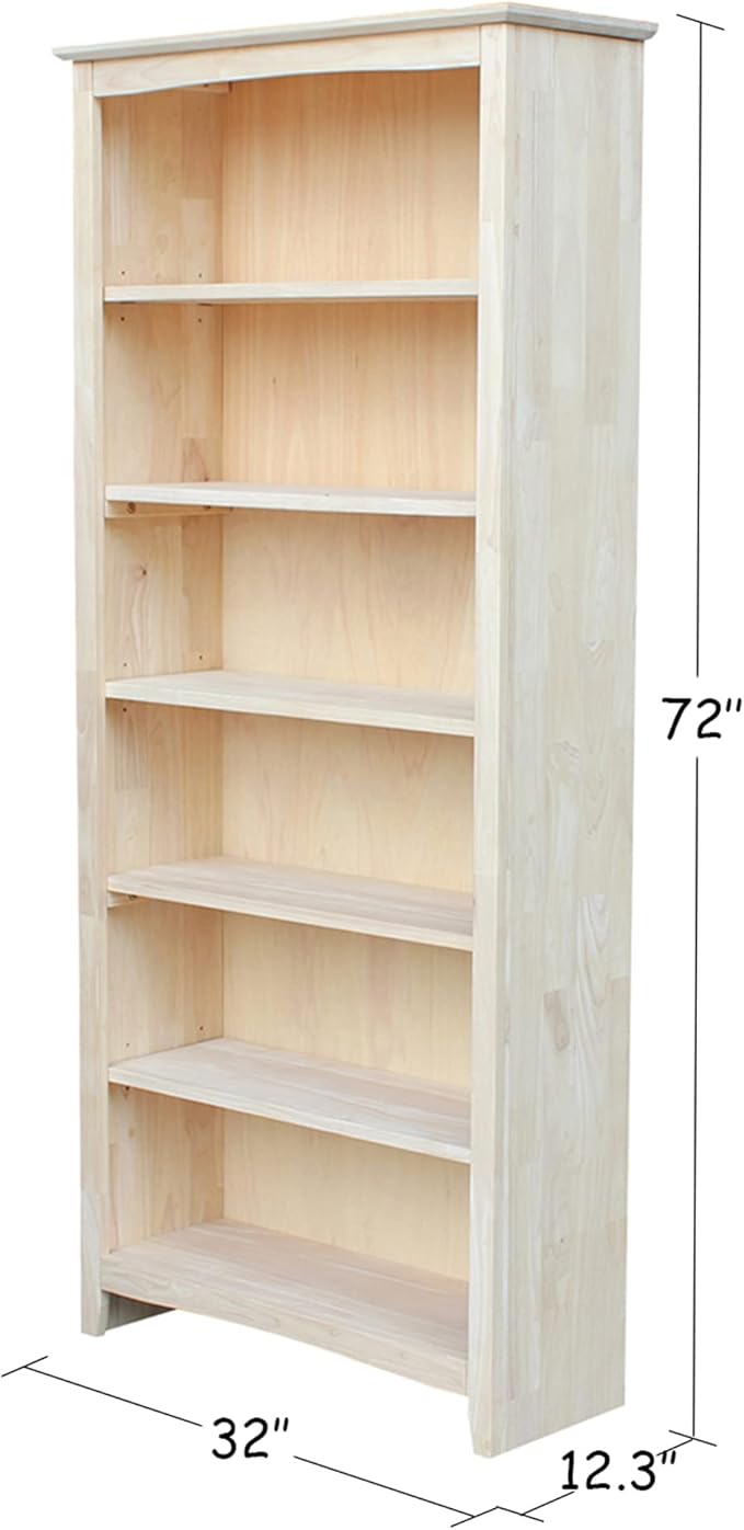 International Concepts Tall Shaker Bookcase, 72-Inch High, Solid Parawood, Unfinished