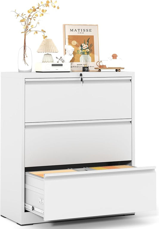 3 Drawer File Cabinet,Metal Lateral Filing Cabinet with Lock,Home Office Storage Organizer Cabinet for Legal/Letter/A4/F4 Size Files,35.5" W,White