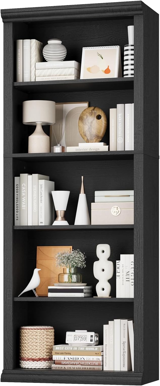 Rresyet 5 Tier Bookshelf and Bookcase, Tall Modern Bookcase with Storage Shelves, Sturdy Open Display Shelf for Living Room, Bedroom, Home Office, Dining Room Decor, Black