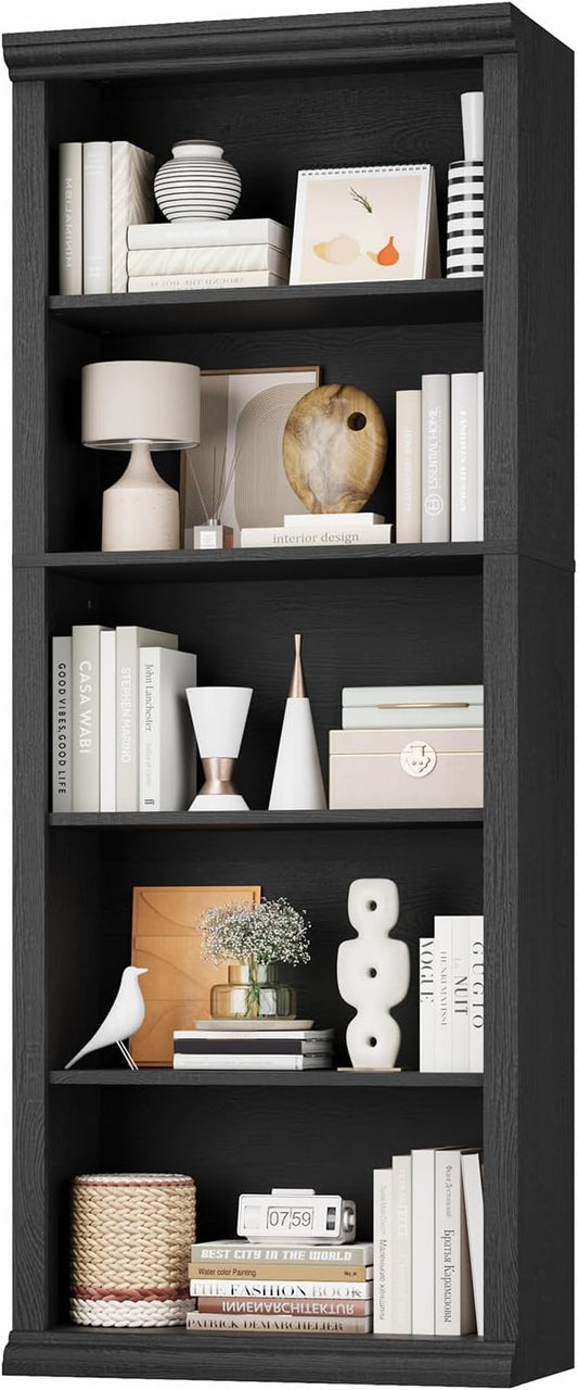Rresyet 5 Tier Bookshelf and Bookcase, Tall Modern Bookcase with Storage Shelves, Sturdy Open Display Shelf for Living Room, Bedroom, Home Office, Dining Room Decor, Black
