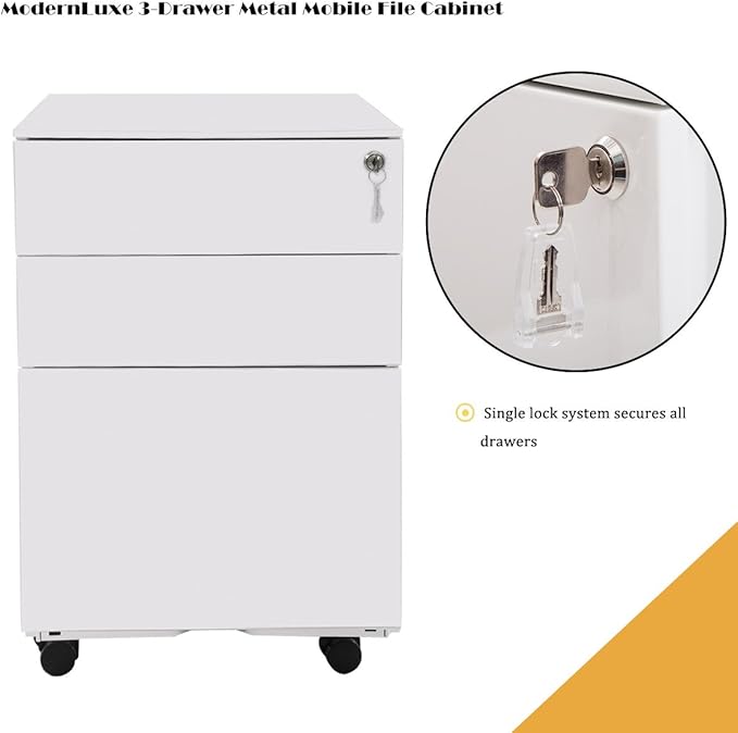 ModernLuxe 3 Drawer Metal Mobile File Cabinet with Lock Metal Filing Cabinet for Legal/Letter/A4/F4 Size Fully Assembled Home Office File Cabinet(Except Casters)