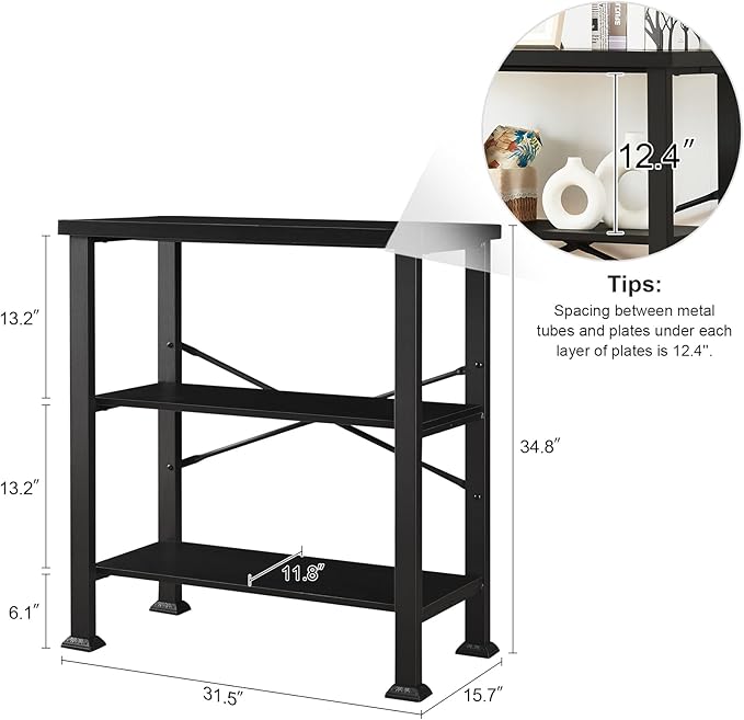 HOMBAZAAR 3 Tier Bookshelf,Black Industrial Book Shelf,Engineered Wood and Metal Small Bookcases,Low Shelf Bookcase for Living Room,Office,Bedroom and Kitchen