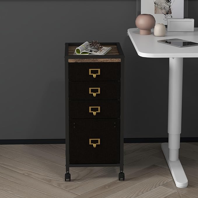Mobile File Cabinet, 4 Drawer Rolling Filing Cabinet with Wheels, Open Shelf, Printer Stand, Under Desk Filing Cabinet fits A4 or Letter Size for Home Office, 11.8"" D x 14.9"" W x 26.2"" H