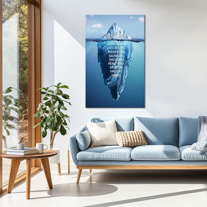 Success Wall Art, Motivational Quotes Poster Positive Quotes Canvas Painting Inspirational Wall Decor Blue Iceberg Picture Modern Entrepreneurs Artwork for Room Home Office Decor, Framed 28"x 44"