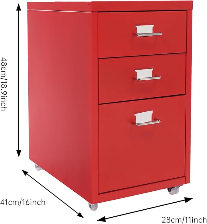 Filing Cabinet with 3 Drawers, Mobile Filing Cabinet with Practical Label Slot, 16 * 11 * 18.9 in Metal Storage Cabinet with Wheels for Home and Office (Red)