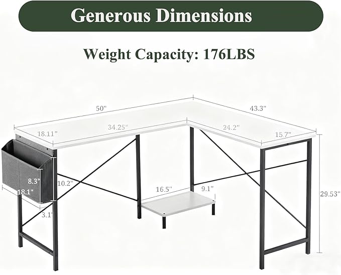 L-Shaped Home Office Computer Desk, Gaming Desk with CPU Stand Shelf and Hanging Storage Pocket, Corner Student Study Writing Table, Sturdy Metal Frame, 43.3" D x 50" W, Classic White