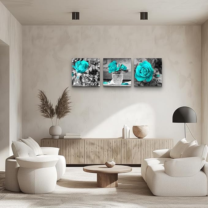 Canvas Wall Art For Bedroom Wall Decor For Living Room Black And White Wall Paintings Blue Rose Flowers Pictures Watercolor Giclee Canvas Prints Ready To Hang Room For Girls Home Decoration 3 Piece