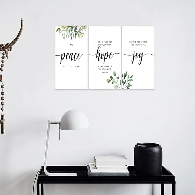 3 Piece Inspirational Wall Art, White Plants Background Picture, Quotes "Peace Hope Joy" Canvas Print for Home Decor, Triptych Motivational Poster Framed Artwork for Classroom Wall Decor (36"Wx18" H)