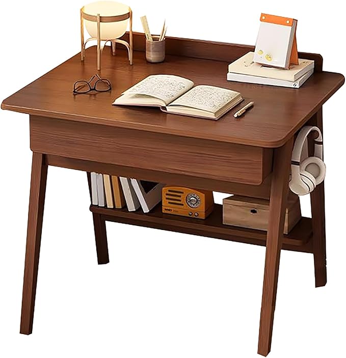 Scandinavian Natural Wood Desk,Small Home Office Desk with Drawers & Shelves,Writing Desk Workstation,Contemporary Computer Desk Study Desk Table(23.6" L x 19.5" W x 32" H, Brown)