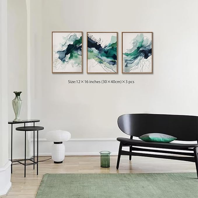 myusuar 3 Piece Large Abstract Framed Wall Art For Living Room, Smoke Texture Ink Emerald Green Canvas Wall Art Modern Minimalist Art Prints Wall Décor For Bedroom Office 12x16in