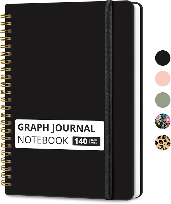 Taja Graph Spiral Journal Notebook for Women & Men, 140 Pages, Graph Paper Hardcover Notebook for Planning & Tracking, Journals for Graphing, A5(5.7" x 7.9") – Black
