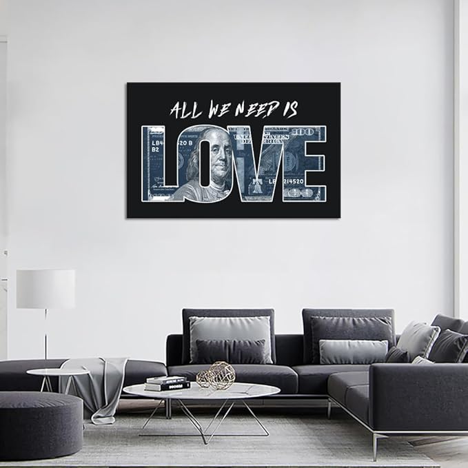 Inspirational Money Dollar Canvas Paintings Wall Art All We Need Is Love (Money) Artwork Modern Home Decor Motivational Framed Office Art Easy to Hang-28x44 inches