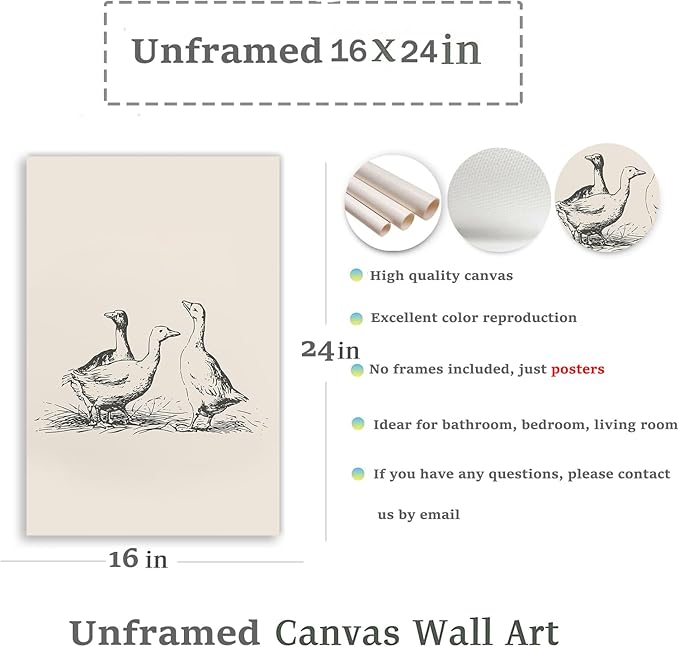 Vintage Duck Wall Art Prints Minimalist Abstract Animal Picture for Wall Decor Antique Vintage Painting Farmhouse Wall Decor Country Farm Animal Artwork for Living Room Kitchen Decor -16x24inch Poster