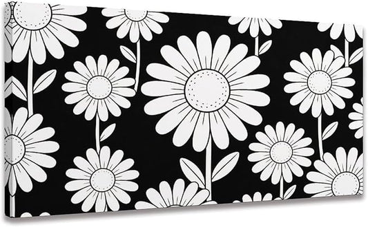 Black White Daisy Floral Framed Canvas Wall Art for Bathroom, Botanical Decor 32" L x 16" W
