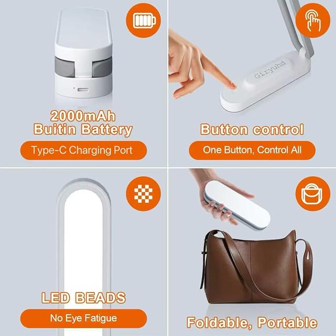 LED Desk Lamp for Office Home & Battery Operated Lamp Rechargeable Lamp Foldable & Portable Light, LED Desk Light Strip, 3 Brightness Dimmable Small Desk Lamp Wireless Reading Lamp (White)