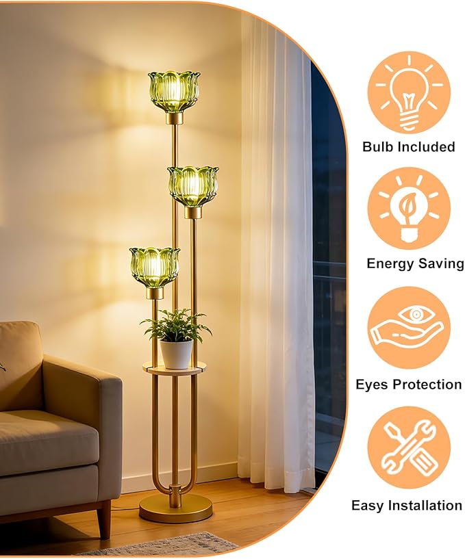 Lightdot Glass Floor Lamp for Living Room 3-Lights Modern Dimmable Gold Floor Lamp with Green Glass Shade & 3000K Bulbs Included Unique Tall Standing Lamp for Bedroom/Sofa Beside/Corner Decor