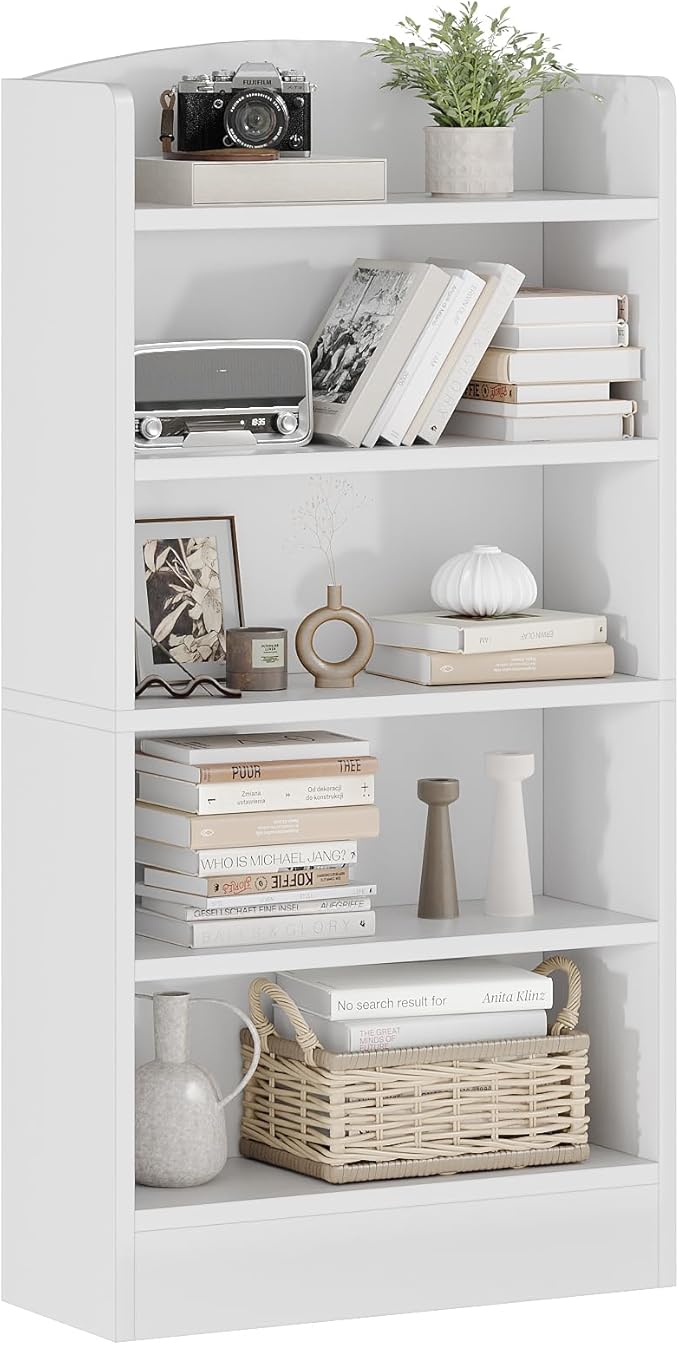5-Shelf Multi-Functional Modern Wood Bookcase with Curved Design, Dust-Proof Baffle, and Sturdy Construction for Home Office, White