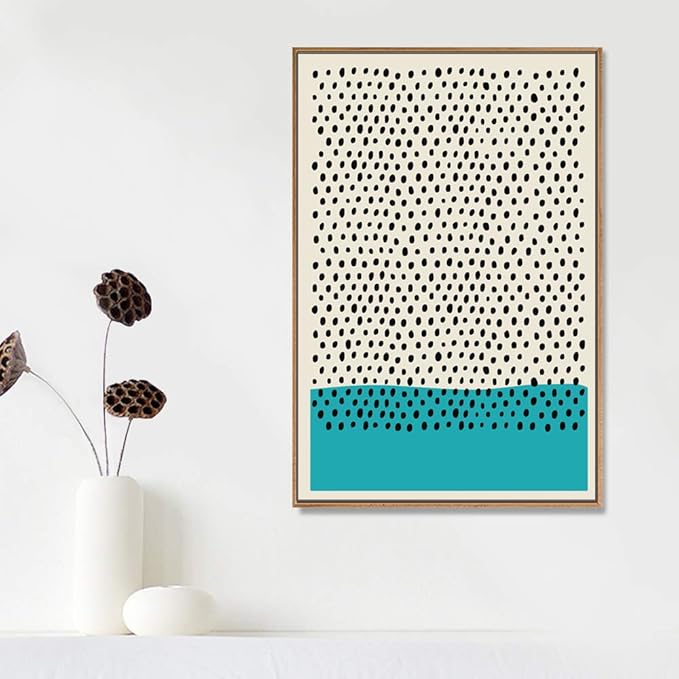 IDEA4WALL Framed Canvas Print Wall Art Black Dots with Teal Color Block Geometric Shapes Illustrations Modern Art Mid-Century Modern Ultra for Living Room, Bedroom, Office - 16"x24" Natural
