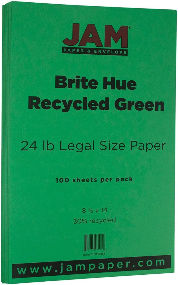 JAM PAPER Legal Colored 24lb Paper - 90 gsm - 8.5 x 14 - Green Recycled - 100 Sheets/Pack