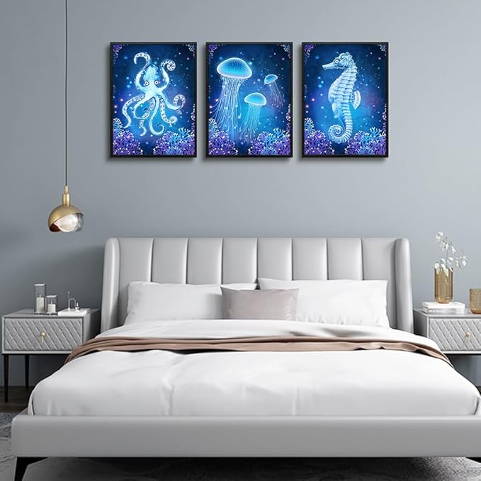 MHARTK66 Canvas Wall Art for Bedroom 3Pcs Beach Themed Wall Decor Living Room Under The Sea Pictures Artwork Animal Bathroom Wall Art Seahorse Poster Modern Nautical Painting Bedroom Home Decorations