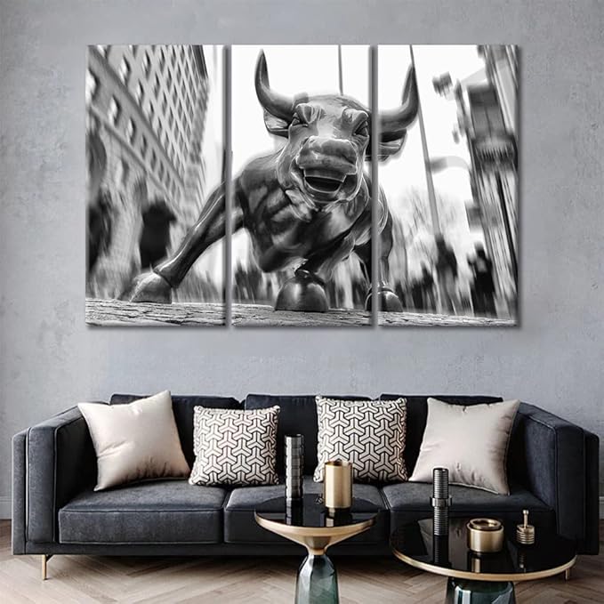 TUMOVO Multi panel Large Wall Art Wall Street Bull Picture Print on Canvas Modern Wall Art Pictures for Home Decoration Canvas Painting Art Stretched and Framed Ready to Hang - 60" Wx40 H
