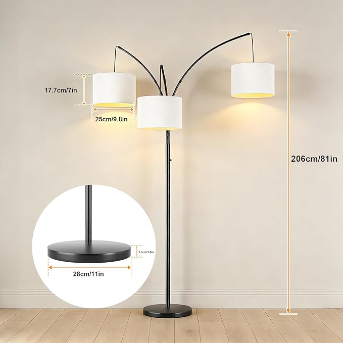 80 Inch Arc Floor Lamp for Bedroom, 3-Light Dimmable Standing Lamp for Living Room, 2400LM Super Bright Tree Lamp with Remote Control, Tall Floor Lamp for Office with Adjustable Arms & Weighted Base