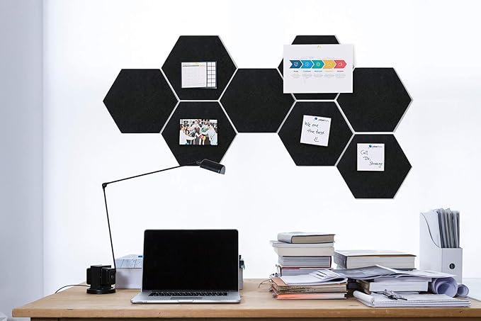 Felt Hexagon Bulletin Board with 20 Push Pins, Pack of 8 Notice Boards for Home Office Kitchen, Push Pin Board Felt Wall Tiles for Photos Memos