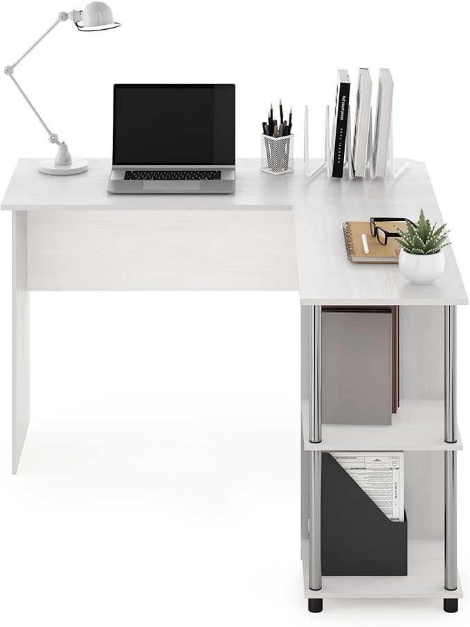 Furinno Abbott L-Shape Computer Desk with Stainless Steel Tubes Bookshelf, White Oak/Chrome