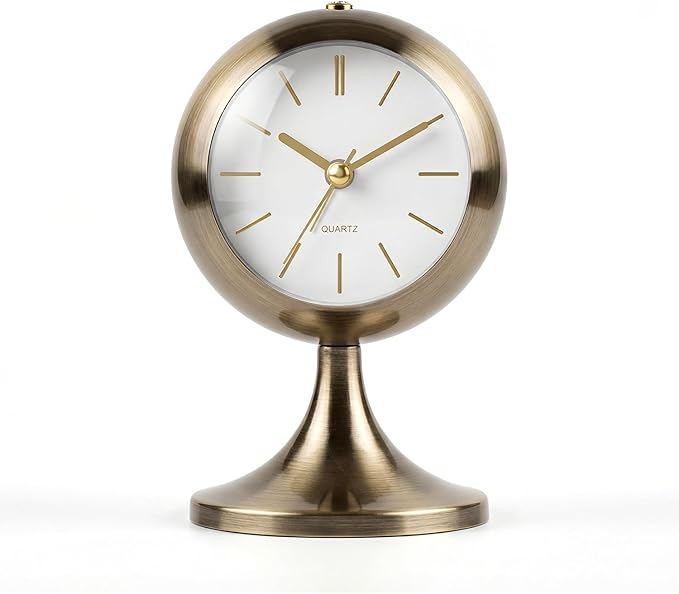 Analog Alarm Clock, Mid-Century Modern Desk Clock, Silent Non-Ticking Quartz Table Clock with Gold Hands, Battery Operated Decorative Clock for Bedroom, Office, Living Room (Gold)