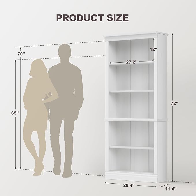 Shahoo 72" Bookcase and Bookshelf, 5-Tier Wood Bookcases with Shelves, Tall Floor Standing Book Shelf Storage Cabinet Home Decor Furniture for Living Room, Home Office 1 Pcs, White
