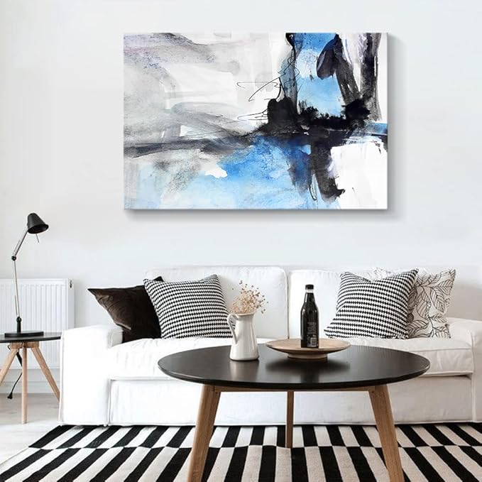 Large Abstract Canvas Wall Art Modern Aquarelle Art Paintings Black and Blue Fantasy Colorful Graffiti on White Background Minimalist Artwork Decor for Living Room Bedroom Corridor Framed 48x32in