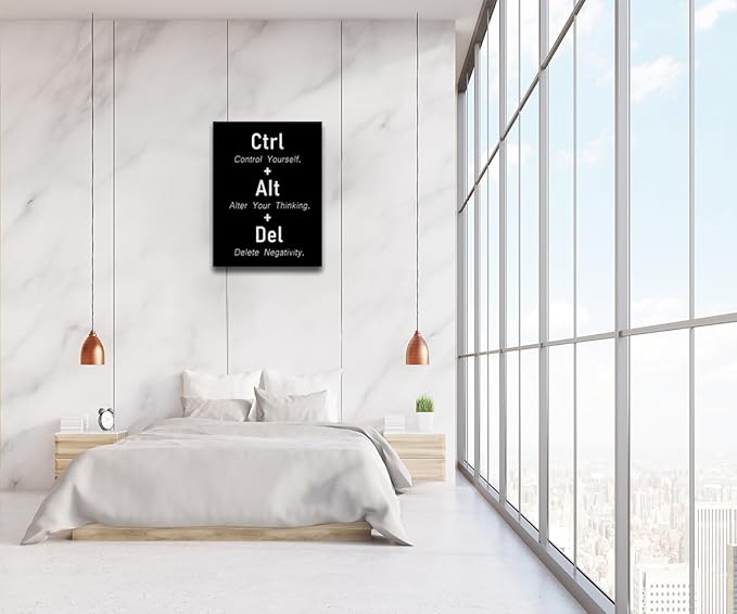 Inspirational Canvas Poster CTRL ALT DEL Signs Motivational Wall decor Printed Artwork Positive Quotes For Office School Living Room Framed [24" W X 36" H]