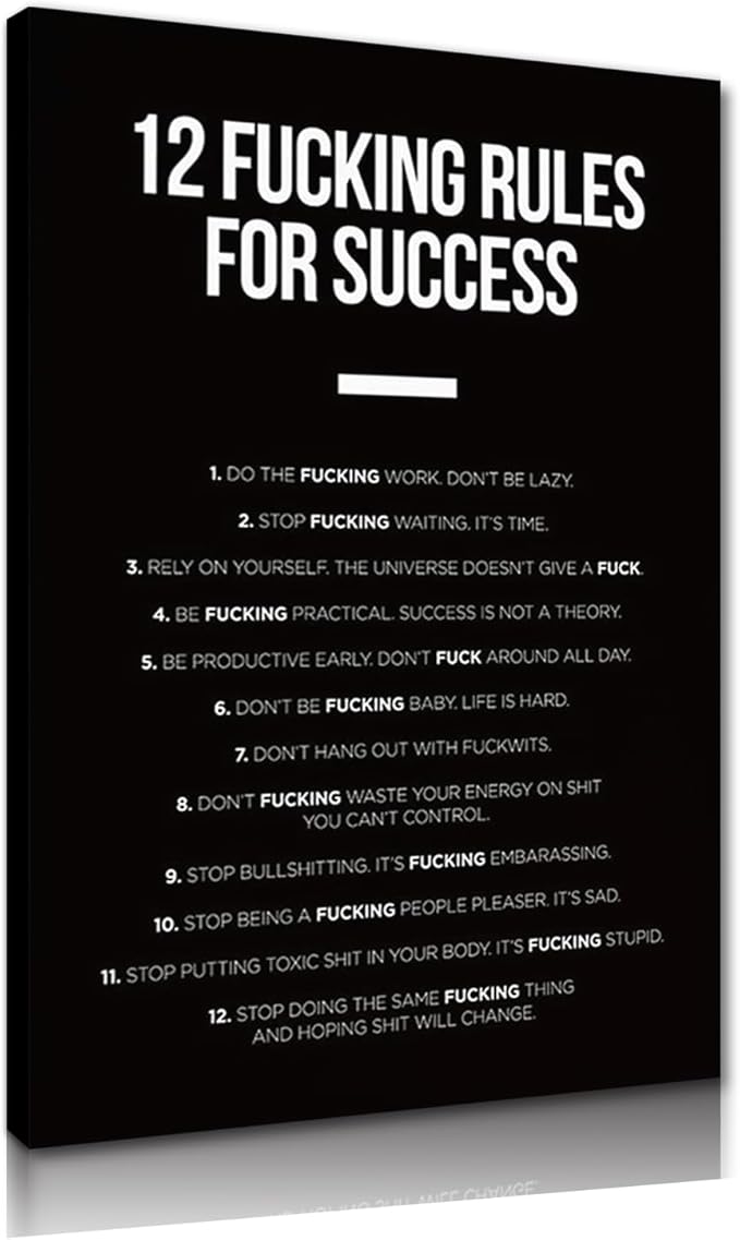 Yatsen Bridge 12 Fucking Rules for Success Canvas Wall Art Black and White Poster Print Success Inspirational Quotes Decor for Living Room Bedroom Man Cave Framed Ready to Hang 36x24 inch