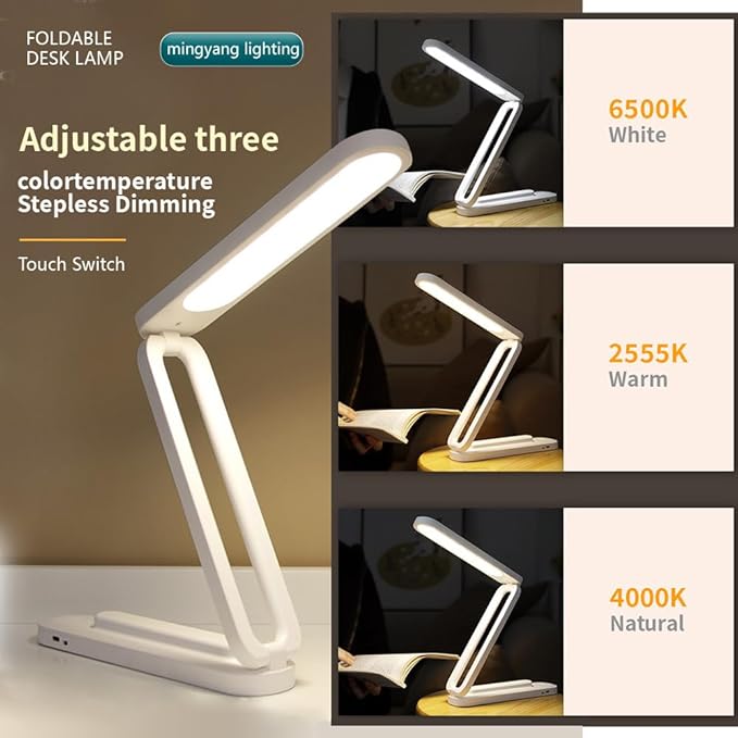 Foldable LED Desk Lamp, Slim Rechargeable USB Table Light, 2400mAh Reading Lamps, 3 Color Modes & Stepless Dimming, Portable Small Desk Light for Office Home Dormitory