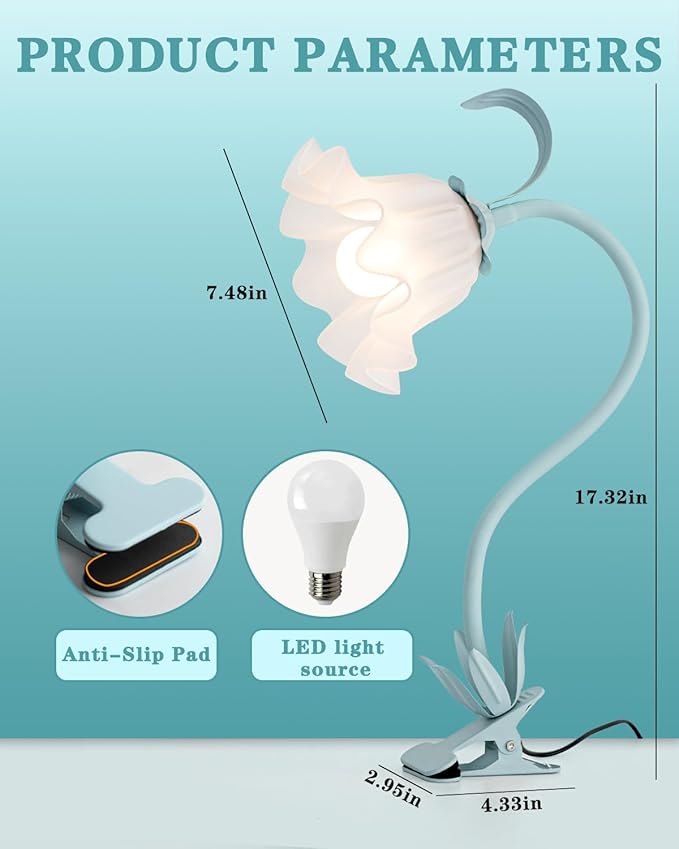 Flower Lamp Clip on Light, 3 Color Modes Eye-Caring Desk Lamp with Clamp, Dorm Room Essentials, Flexible Neck Reading Clamp Lamps for College Bedside Bookshelf Studying Room (Powder Blue)
