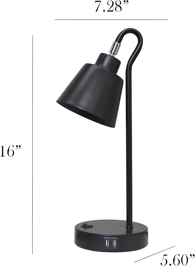 Simple Designs LD1073-BLK 16" Sleek Essentials Metal Looped Desk Task Lamp with Adjustable Shade and Dual USB Ports, for Office, Desk, Nightstand, Black